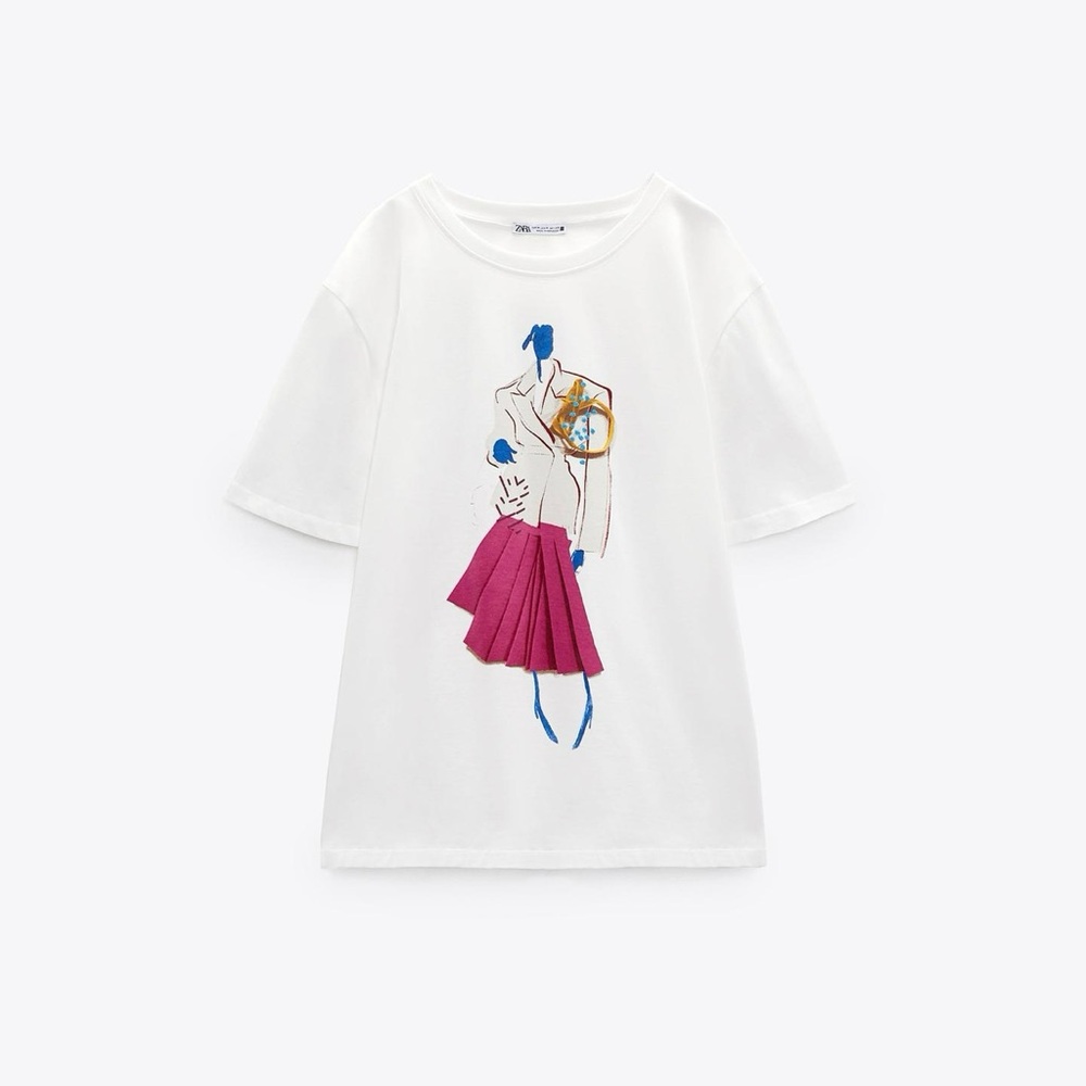 Zara White T-Shirt with Pink and Blue Illustration